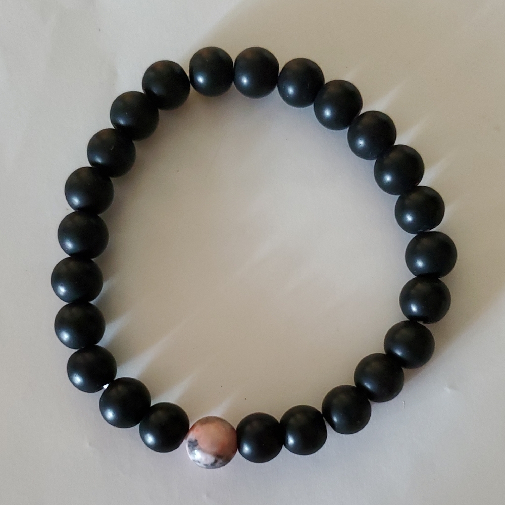 Black Obsidian Beaded Bracelet with Pink Zebra Jasper Accent